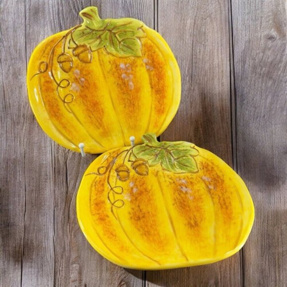 Tabletops Lifestyles‎ Charlotte Hand Painted Pumpkin Dish Plate Set 2 Ceramic